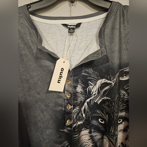 Ouku Wolf Tribal Print Gray Long Sleeve Henley TShirt Mens 3XL-NWT - Picture 3 of 5